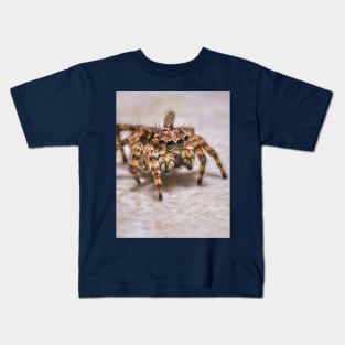 Orange-Brown Jumping Spider on a Kitchen Tile. Macro Photograph Kids T-Shirt